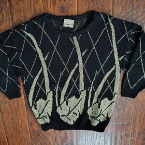 Vintage 80s Ellen-D Kollection black and gold leaves pullover sweater Size L